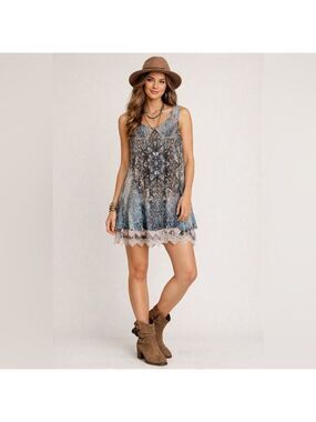 Origami Sleeveless Boho Tunic Dress Lace Hem Blue Print Size Small Festival